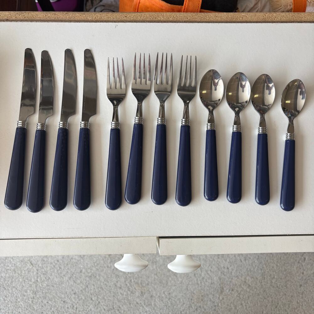 Vintage navy blue flatware set (12 pieces total)